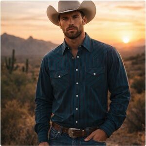 Corral West Ranchwear Vintage Shirt Pearl Snap Button Down Blue Cowboy 19-36 XXL